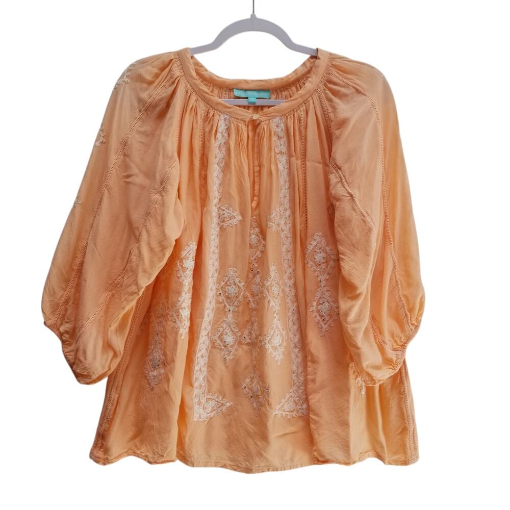 Melissa Odabash Coverup OS One Size Womens Peach Embroidered Key Hole Blouse